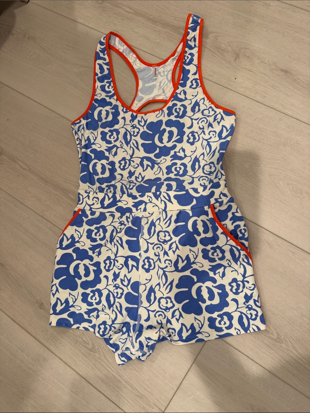 Free People Blue Floral One-Piece Romper with Coral Trim SZ XS/ S